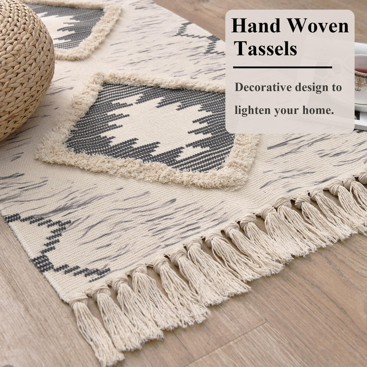 Boho Runner Rug 2'x6', Washable Hallway Rug Runner Non Slip Rubber Backed, Kitchen Farmhouse Area Rug Floor Mat with Tassels, Tufted Woven Cotton Entryway Carpet, Grey DXGJOKR
