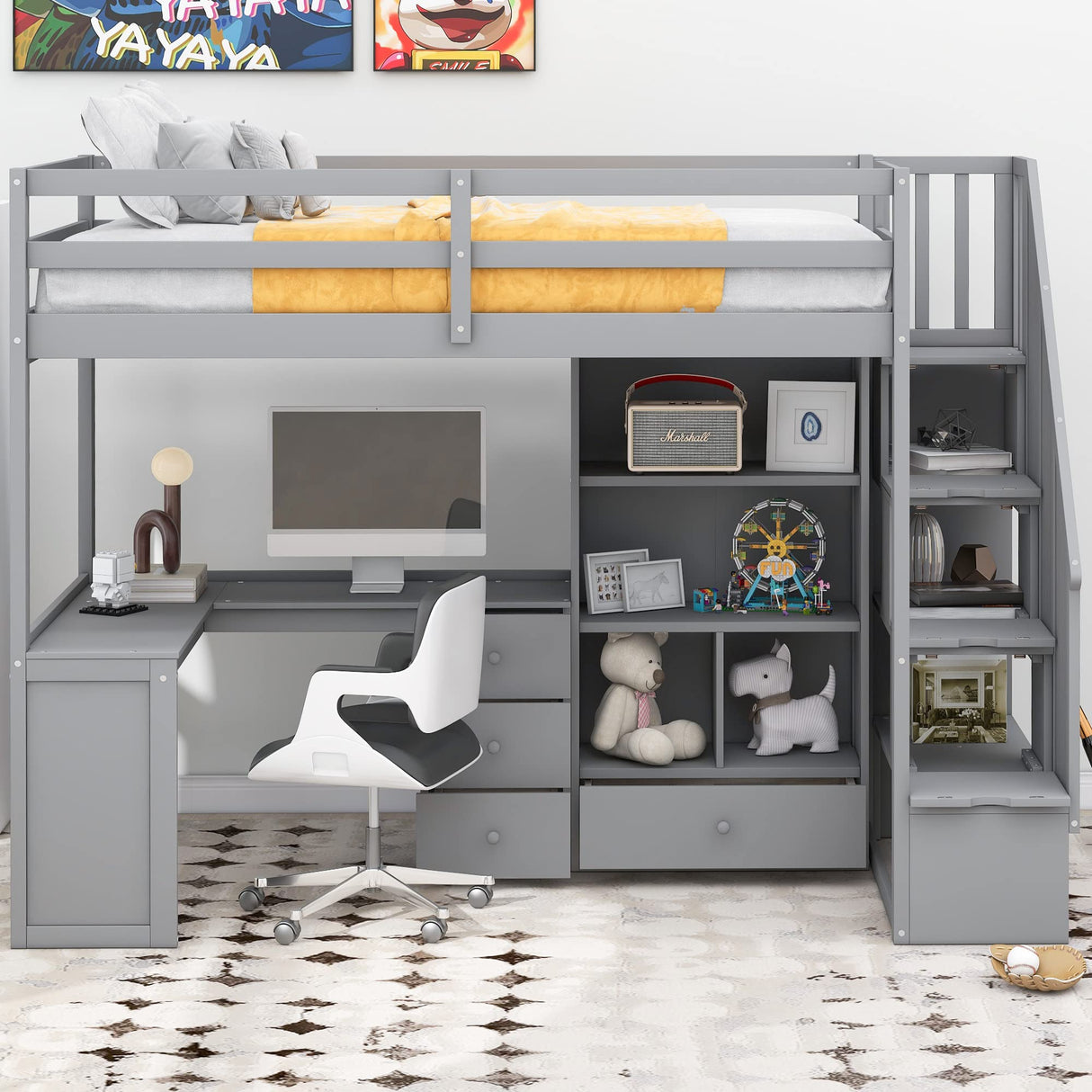 CKLMMC Twin Size Loft Bed with L-Shaped Desk, Drawers and Cabinet, Multi-Functional Loft Bed with Convertible Storage Staircase for Kids Teens Adults, No Box Spring Required (Gray/Twin*PineA) CKLMMC