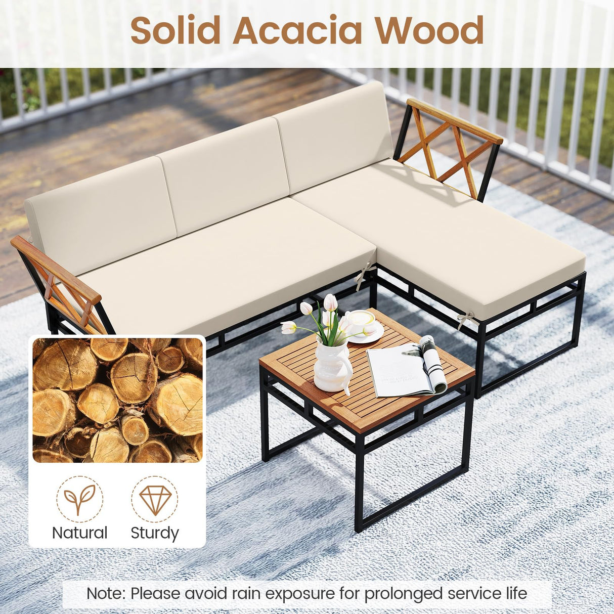 Tangkula 3 Pieces L-Shaped Outdoor Furniture Set, Acacia Wood Patio Sectional Cushioned Conversation Sofa with Square Coffee Table, for Porch, Backyard & Poolside (Beige) Tangkula