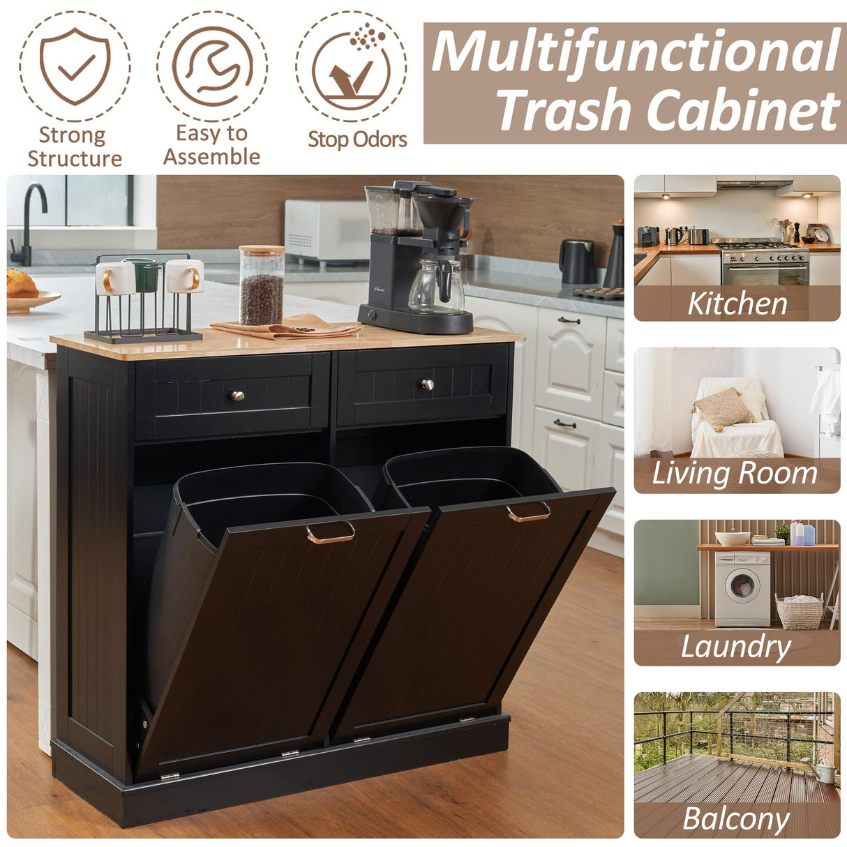 AHB Double Tilt Out Trash Cabinet Kitchen Trash Bin Cabinet 2x13 Gallons Free Standing Recycling Trash Can Cabinet with Hideaway Drawers Pet Proof Trash Can Holder for Kitchen Living Room, Black AHB