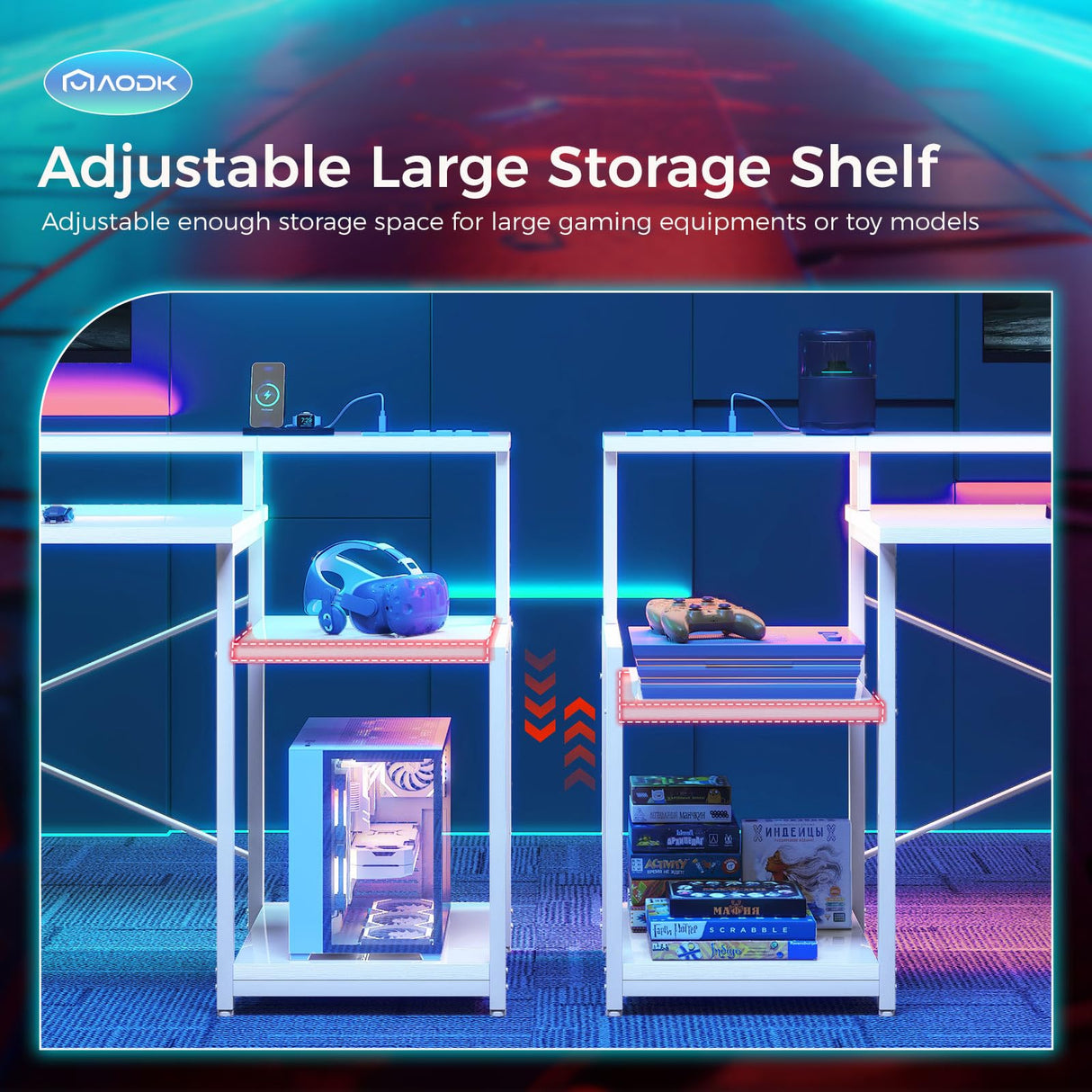 AODK Computer Desk, 48 Inch Gaming Desk with Led Lights & Power Outlet, Office Desk with Printer Storage Shelves, Reversible Desk with Monitor Shelf & Headphone Hook, White AODK