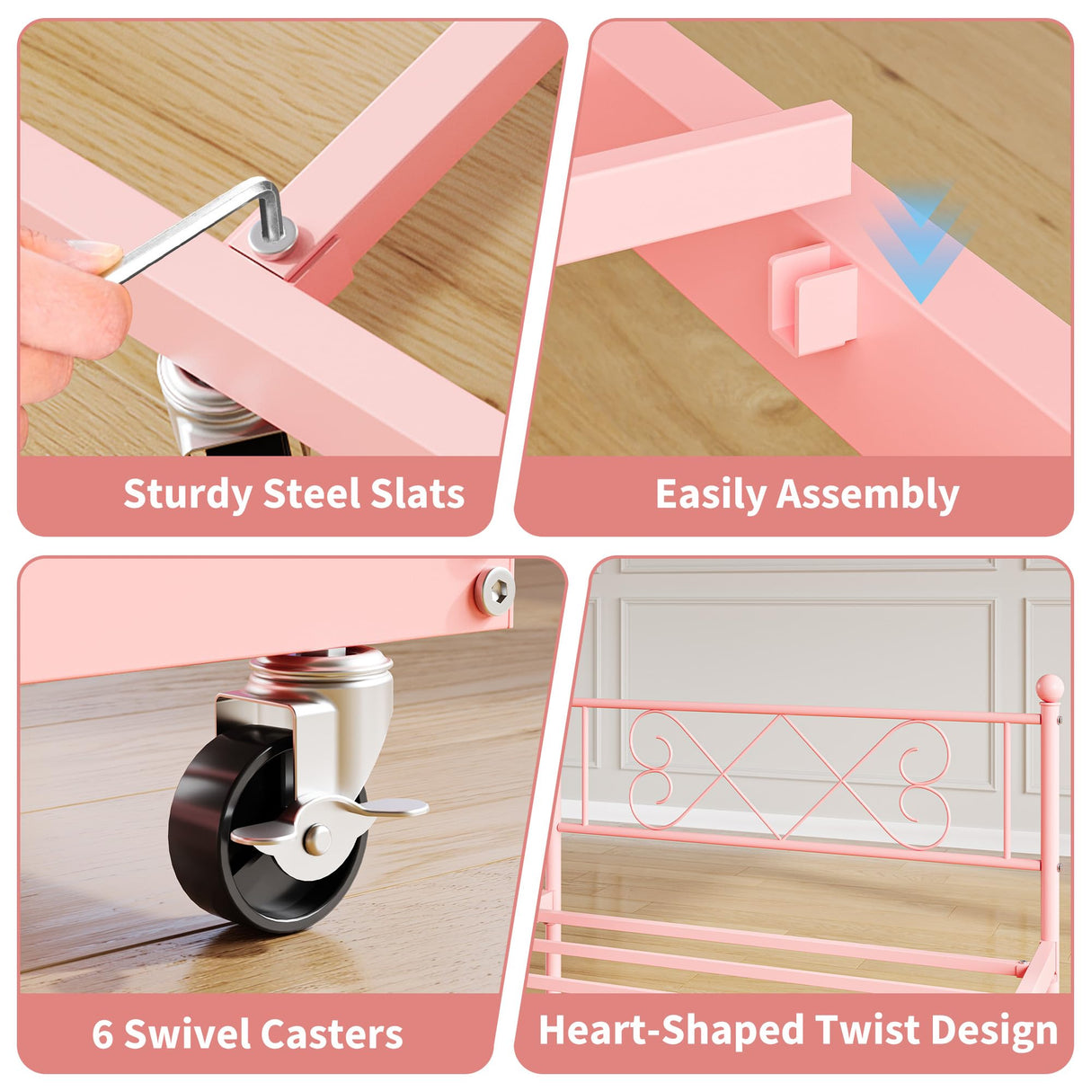 GarveeHome Twin Metal Daybed with Trundle, Premium Steel Slat Support, Space Saving Trundle Sofa Bed for Living Room, Bedroom and Guest Room, Pink GarveeHome