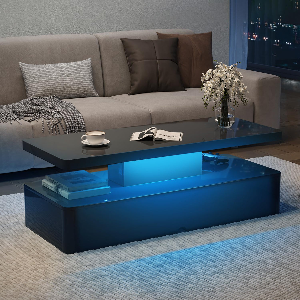 MXV Modern Coffee Table, 40 Inches Coffee Tables with 16 Colors LED Lights, 2 Tier Rectangular Center Table, Large Storage Space, High Glossy Wooden Tea Table for Living Room, Bedroom, Office, Black MXV