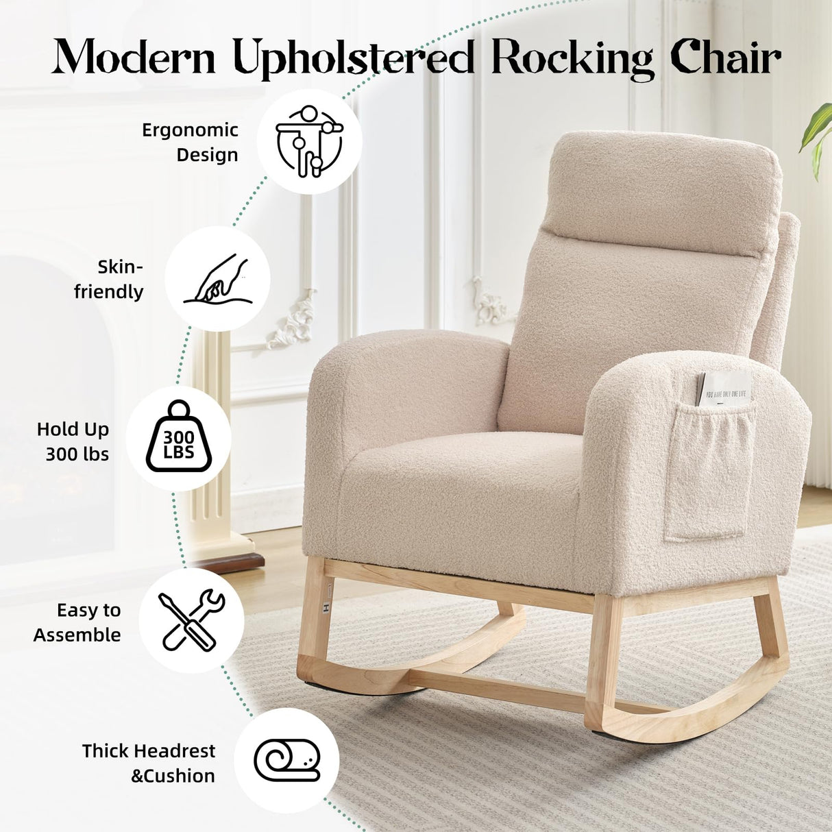 SLEKVERSA Rocking Chair Nursery,Glider Chair Nursery Chair with High Back and Side Pocket, Rocking Accent Armchair with Rubber Wood Legs for Living Room/Bedroom/Nursery SLEKVERSA