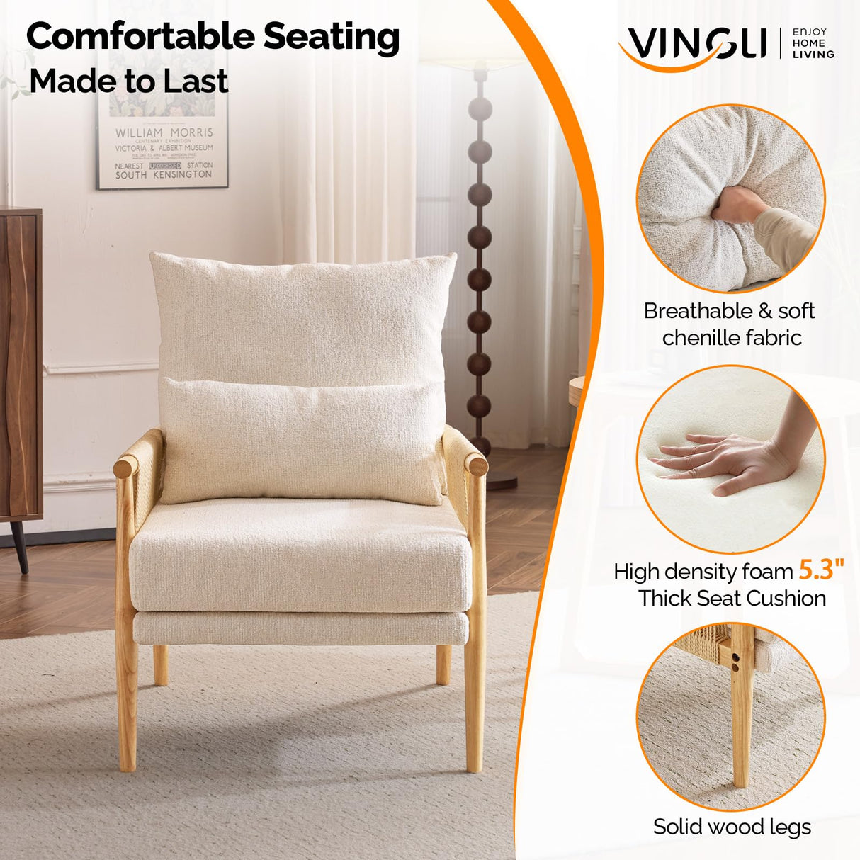 VINGLI Braid Accent Chairs Set of 2,Mid-Century Modern Armchiars with Solid Wooden Armrest,Comfy Louge Chairs with Waist Pillow for Bedroom,Living Room,Reading Room, Beige VINGLI