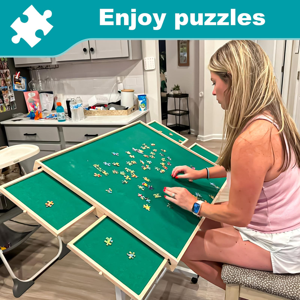 RAGOZONERY Jigsaw Puzzle Table 1500 Pieces,Adjustable Height&Up Puzzle Board with Cover and 4 Drawers,34×26in Puzzle Tables for Adults,Puzzle Board with Cover with Legs for Puzzle Doer RAGOZONERY