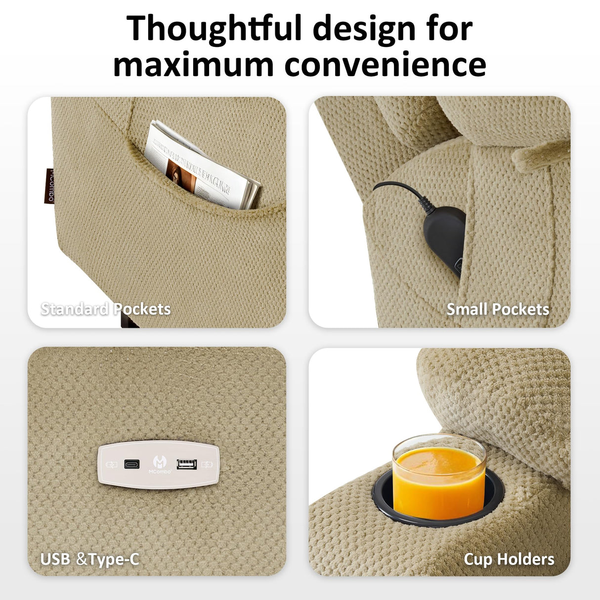 MCombo Large Triple Motor Power Lift Recliner Chair with Massage and Dual Heating, Adjustable Headrest for Tall Elderly People, Fabric 7634 (Beige, Large) MCombo