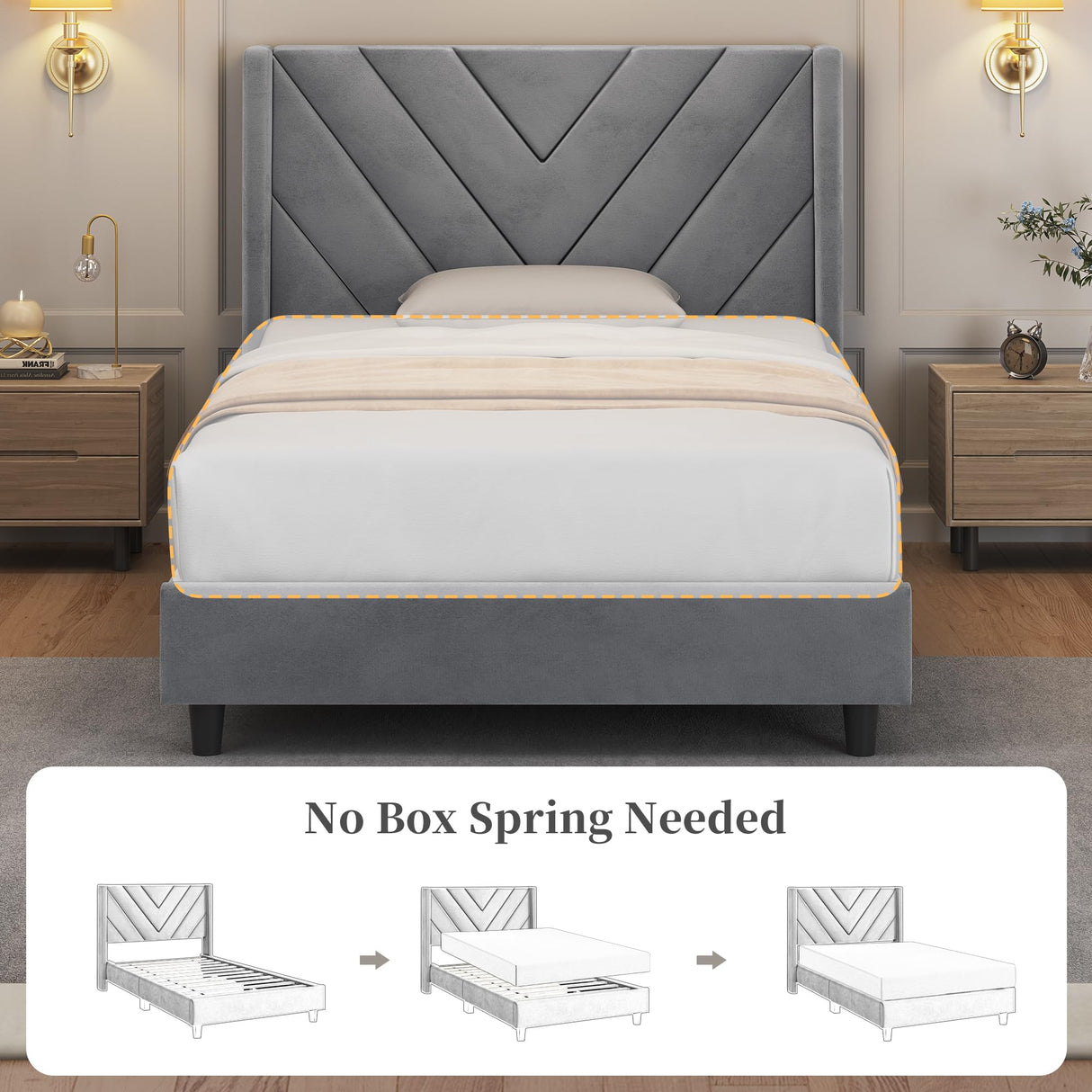Yaheetech Twin Bed Frame Upholstered Platform Bed with Wing Side/Wooden Slat Support/Tufted Headboard with Wing Side/Mattress Foundation/No Box Spring Needed,Light Gray Twin Bed Yaheetech
