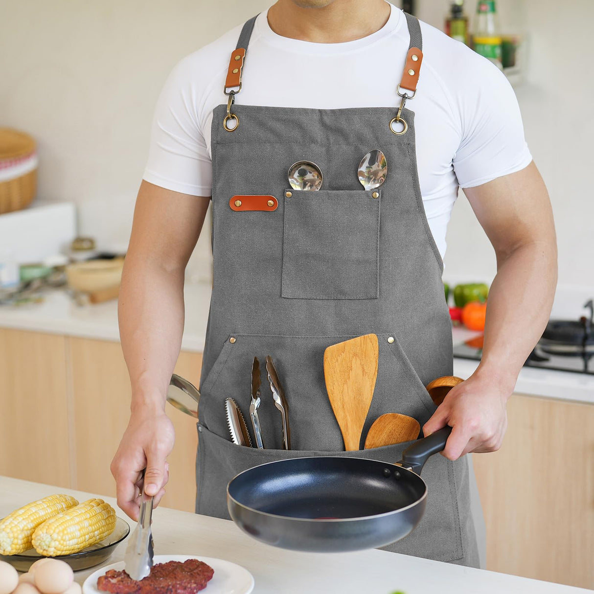 Aoomzoon Canvas Aprons for Men Chef Apron, Work Apron with Large Pockets - Durable 16oz Heavy Duty Cross Back, BBQ, Cooking (Gray, 1 Pack) Aoomzoon