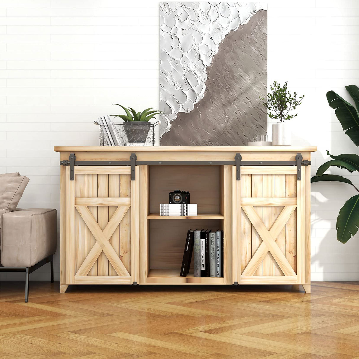 CCJH 6.5FT Mini Sliding Barn Door Hardware Kit Closet Cabinet 78" Track System Carbon Steel Basic Roller Hanger for Double Doors CCJH