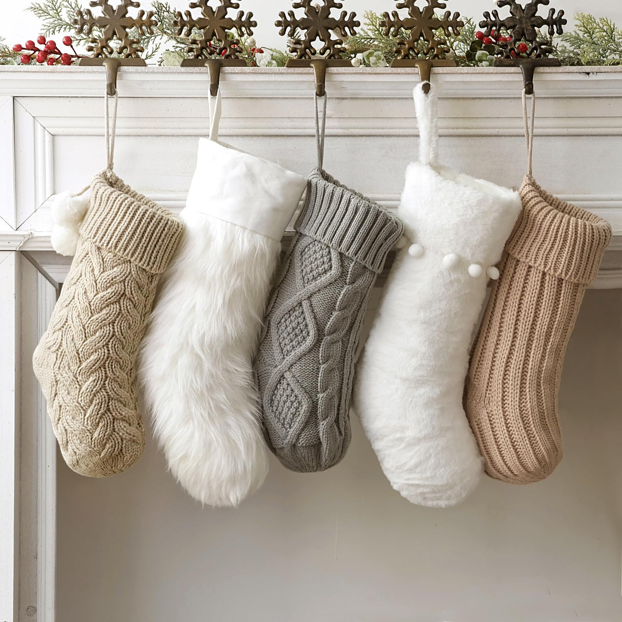Pawliss Christmas Stockings: 5 Pack Farmhouse Plush Faux Fur & Cable Knitted Fireplace Xmas Stockings, Hanging Gifts Cozy Personalized Stocking Decorations for Family Holiday Décor, White Gray Beige Pawliss