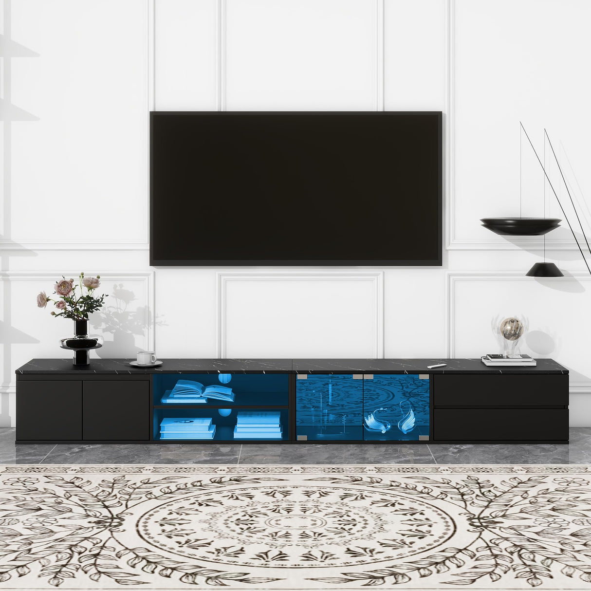 Merax Modern APP Controlled LED TV Stand for TVs Up to 105'', Faux Marble Tabletop Media Console with Tempered Glass Doors, 2 Drawers & Cabinets, High Gloss Entertainment Center for Living Room, Black Merax