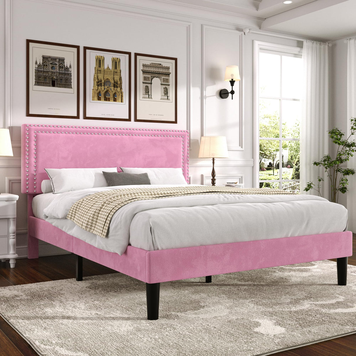 VECELO Queen Size Bed Frame with Adjustable Upholstered Headboard, Wooden Slats Platform, Noise-Free Design, Easy Assembly VECELO