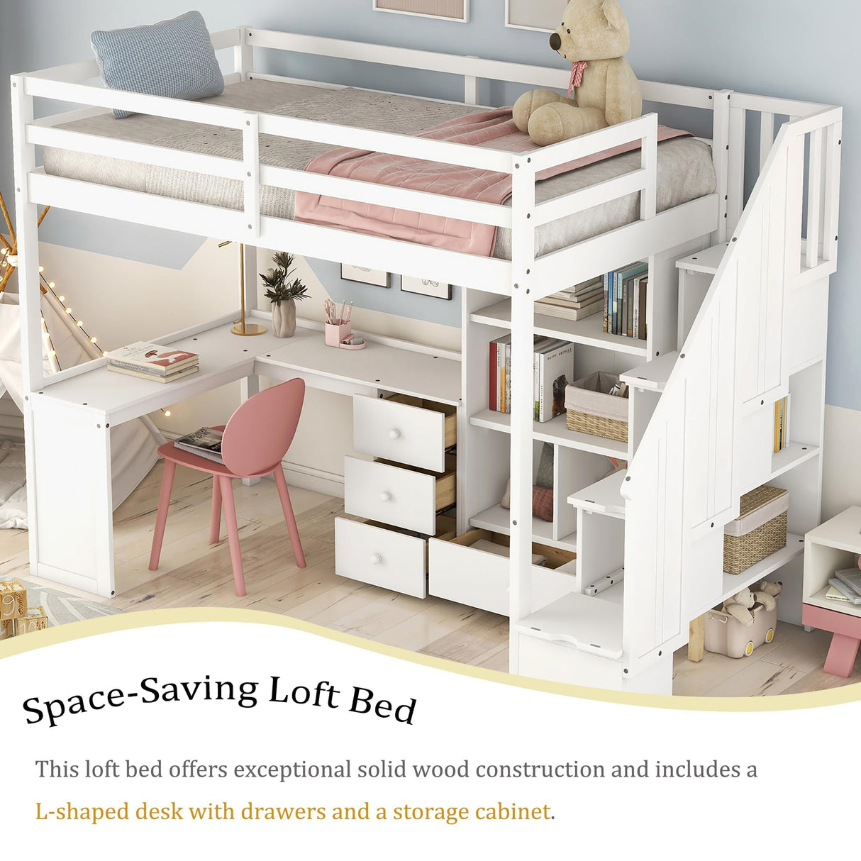 Linique Twin Loft Bed with 3-Drawers L-Shape Desk, Bookcase, Cabinet and Storage Staircase, Solid Wood Twin Bed Frame with Full Length Guardrail (White) Linique