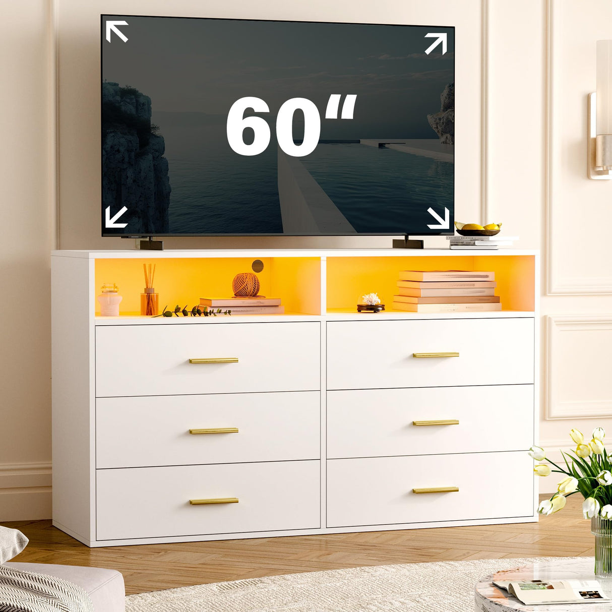 EnHomee Wooden Dresser for Bedroom with LED Lights, 47.3" W White Dresser for Bedroom, 6 Drawer Dresser TV Stand, Modern Dresser with Large Organizer for Bedroom, Living Room, Hallway, White EnHomee