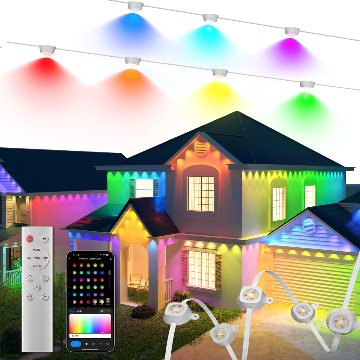 DeckTok Smart Permanent Outdoor Lights Pro, 100ft RGBWW and 60LM Triple-LED Lights, Outdoor Christmas Decorations with 79 Scene Modes, IP67 Waterproof Work with Alexa, Google Assistant, White DeckTok