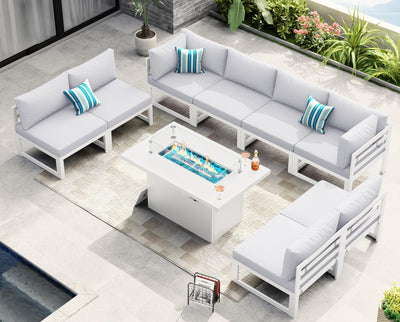 NICESOUL 9 Piece Luxury Aluminum Outdoor Sectional Sofa with Fire Pit Table, Oversized L Shaped Patio Furniture Set, 29" Deep Wide Seating, 500 lbs Heavy Duty Conversation Set for Backyard, Light Grey