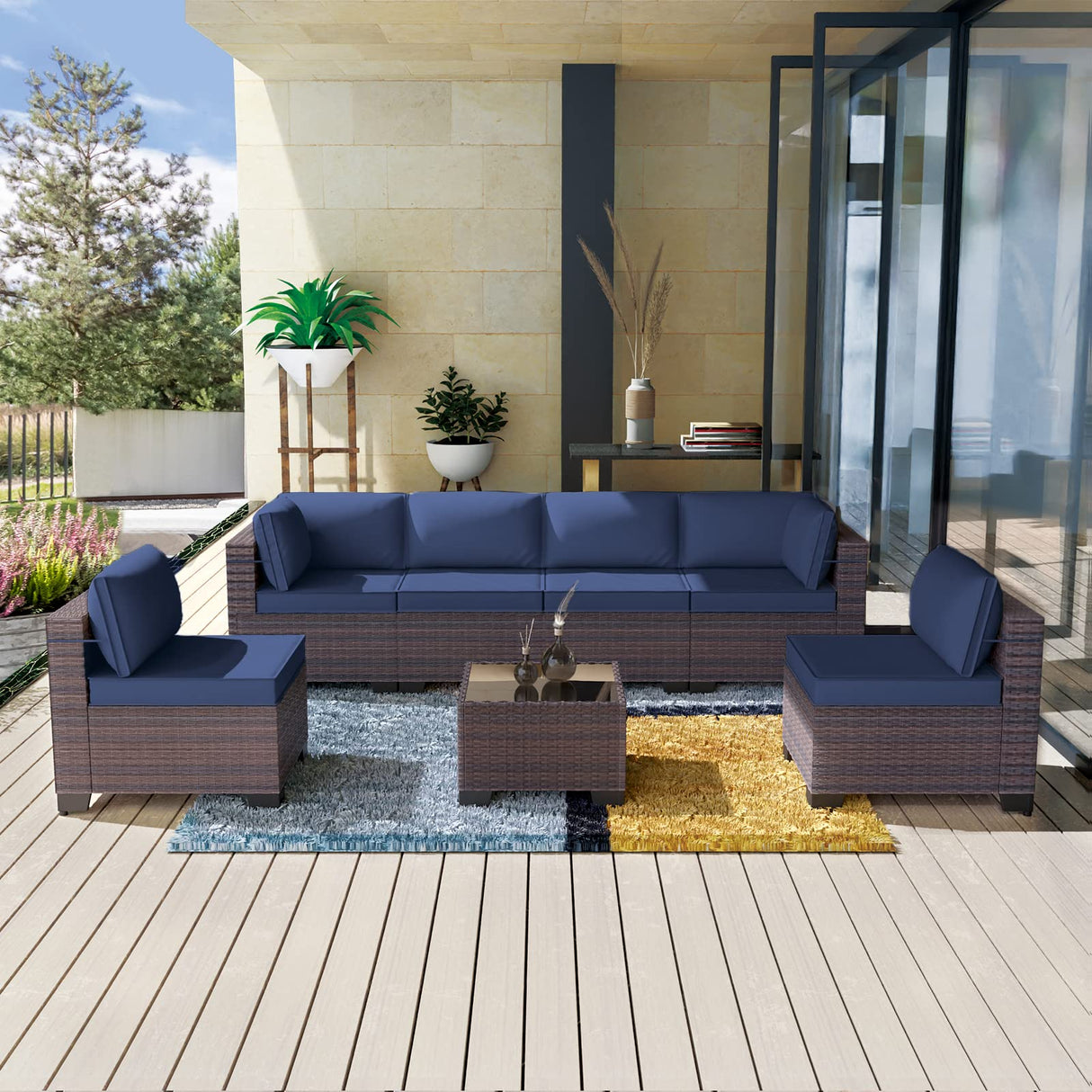 Kullavik 7 Pieces Outdoor Patio Furniture Set Sectional Rattan Sofa Brown Manual Wicker Patio Conversation Set with Navy Blue Cushions,1 Tempered Glass Tea Table and Cushions Covers Kullavik