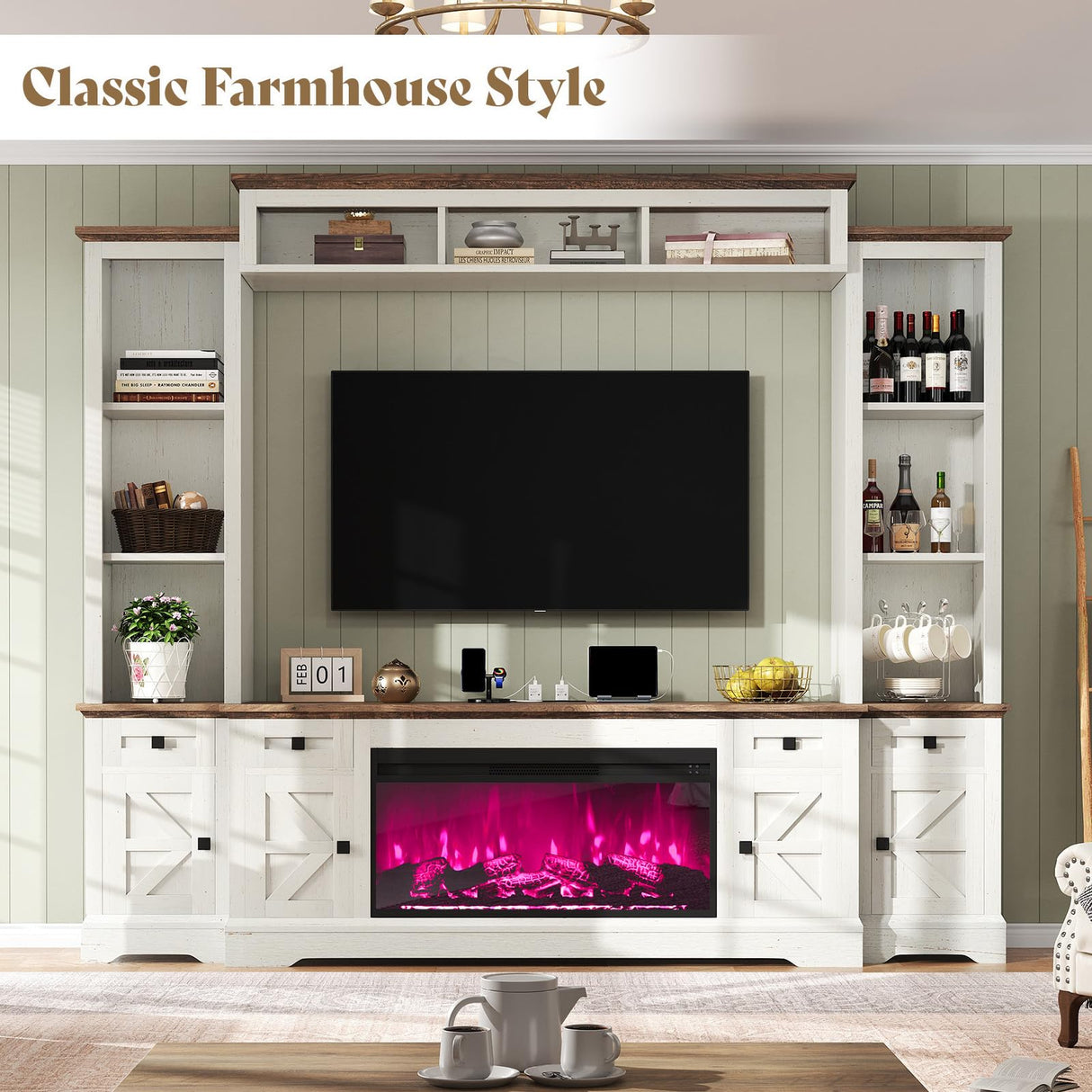 AMERLIFE 98in Farmhouse Entertainment Center with 36" Fireplace, TV Stand, Bookshelf, Wine Cabinet, Fits 78" TVs, Wall Unit Media Console with Power Outlets & Barn Doors, Living Room, Distressed White AMERLIFE