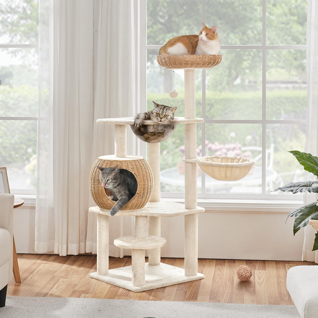 Yaheetech Cat Tree, 54in Rattan Cat Tree Tower with Luxury Woven Condo, Clear Bowl, Washable Cushions, and Scratching Posts, Cat Furniture for Indoor Cats Yaheetech