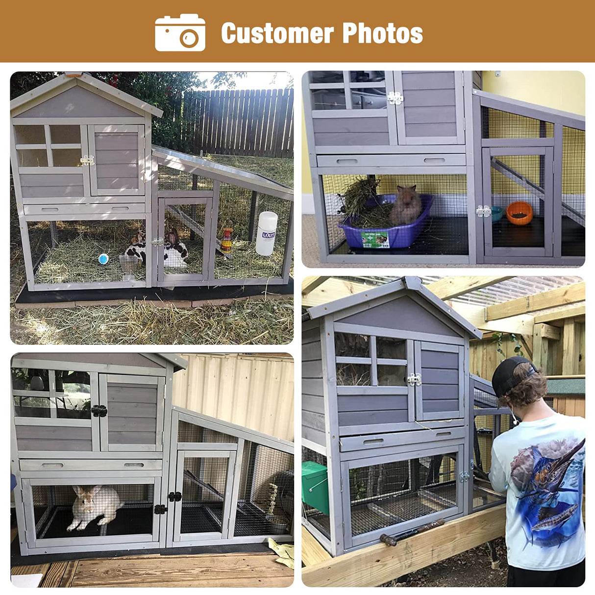 GUTINNEEN Rabbit Hutch for Outdoor Indoor Use, Bunny Cage with PVC Layer and Bottom Wire Netting, Wooden Chicken Coop Rabbit House with UV Roof, Leakproof Tray, Run GUTINNEEN