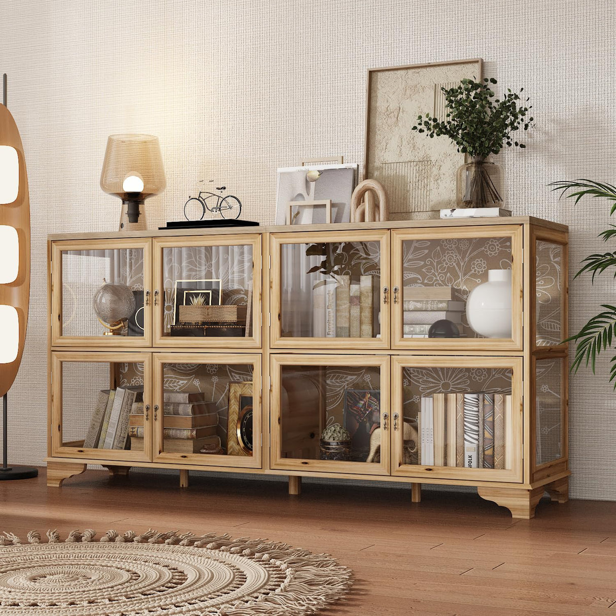 WOODTIME 78.7" W Wooden Sideboard with 8 Glass Doors & Fir Wood Frame, Storage Curio Display Cabinet with Patterned Backpanel, Coffee Bar Cabinet for Living Room Home Office, Brown WOODTIME