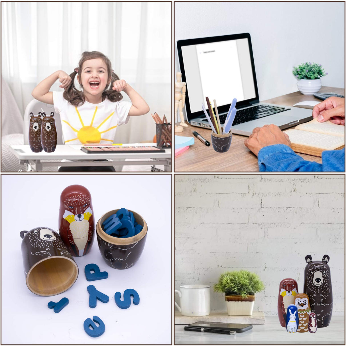 Conzy Russian Nesting Dolls for Kids, Stacking Wooden Handmade Matryoshka Dolls, 5 Piece Cute Cartoon Animal Pattern, Great Toy Gift for Girls Boys' Birthday or Home Decoration (Brown) Conzy