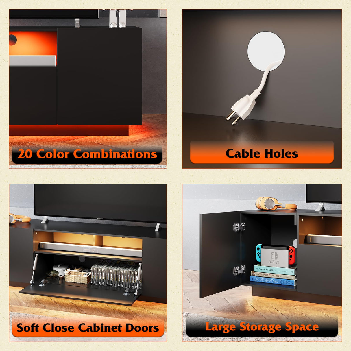 WLIVE TV Stand for 65 Inch TV, Modern Entertainment Center with LED, 58" TV Console with Storage Cabinet, TV Stands for Living Room, Black WLIVE