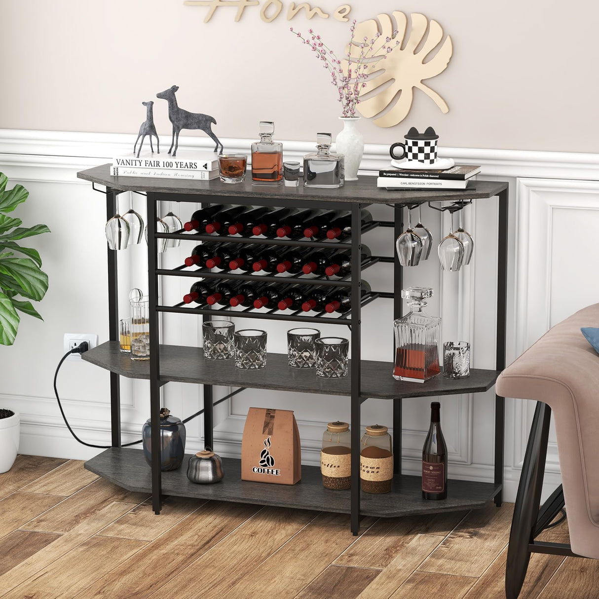 COSTWAY Rustic Grey 3-Tier Wine Bar Cabinet with Charging Station and Ample Storage COSTWAY