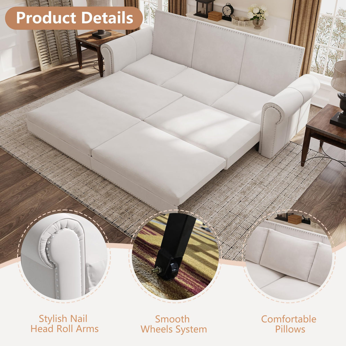 Tmsan 93.7" King Pull Out Sofa Bed, 3 in 1 Convertible Sleeper Sofa, 3 Seat Couch with Nailhead Trim & Rolled Arm for Living Room, Apartment, Office, Beige Velvet Tmsan