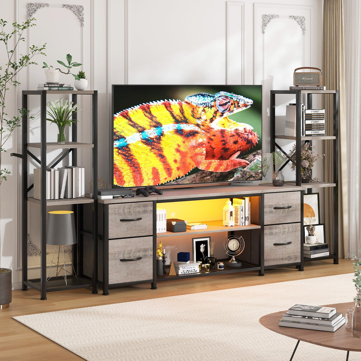 Yenlure LED TV Stand 60 Inch for Living Room with Charging Station, Entertainment Center with 2 Industrial Bookshelves, Modern Console Cabinet with Storage Drawers (Greige) Yenlure