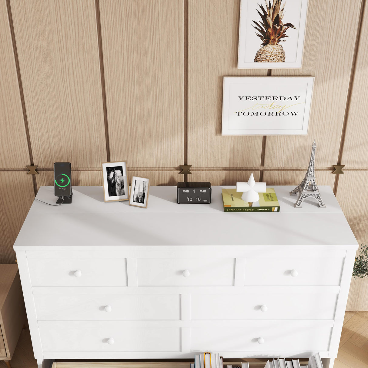 DNChuan Queen Size Murphy Cabinet Bed with Storage Drawer,Foldable Murphy Chest Dresser Bed with Charging Station,Space-Saving for Home Office,Guest Room-White DNChuan