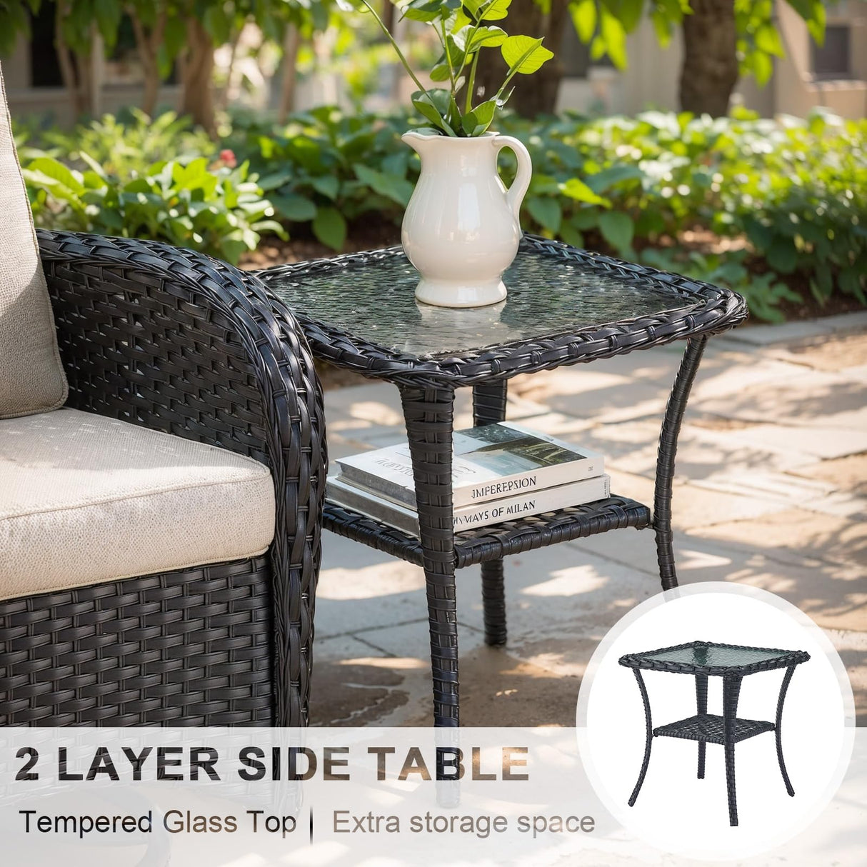 Artfurniz Outdoor Swivel Glider Rocker Chairs - 3 Piece Patio Furniture Set, Patio Bistro Sets with Tempered Glass Side Table, for Balcony, Porch - Black Wicker, Beige Cushion Artfurniz