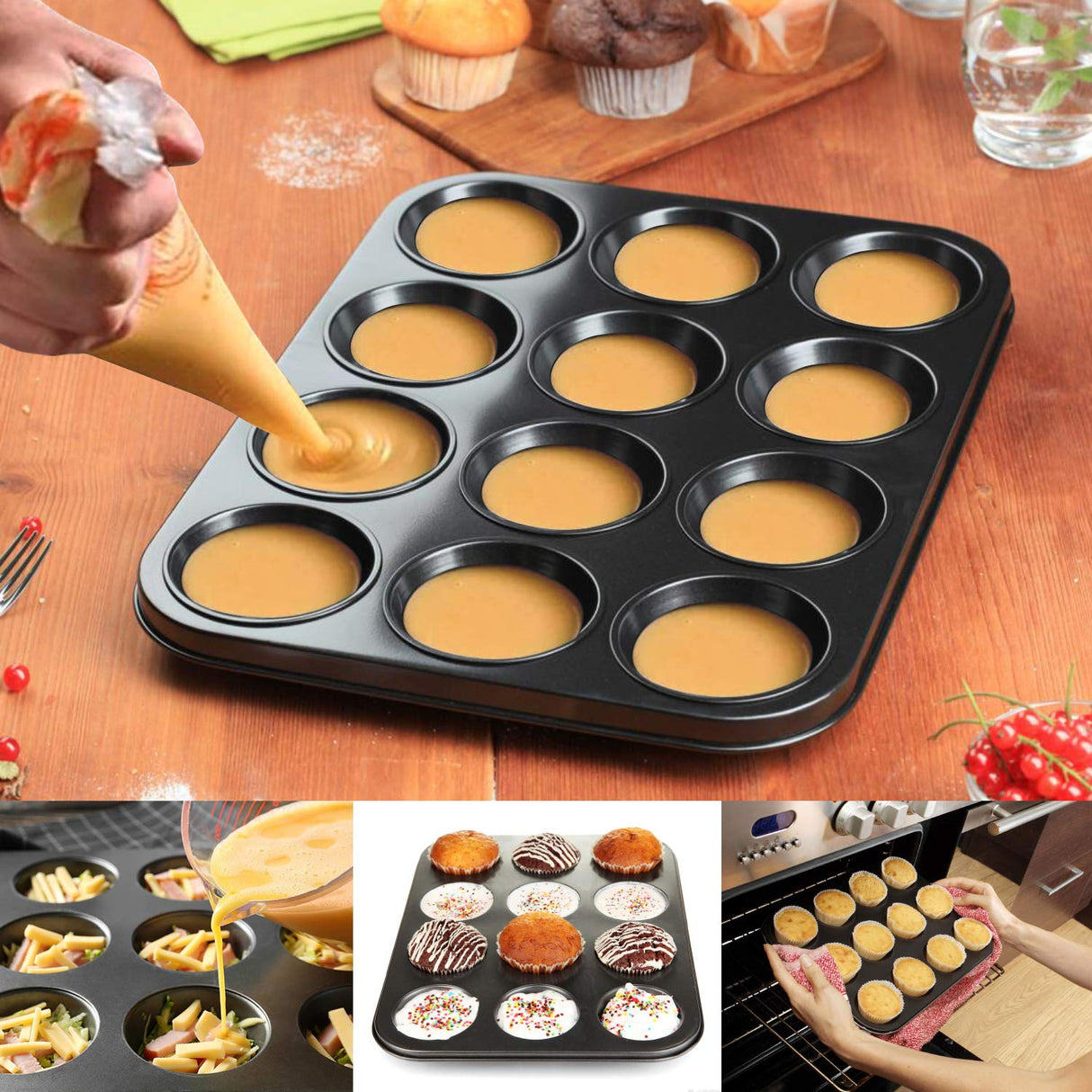 Muffin Pan, 12 Cupcake Pan, 2 Sets of Nonstick Brownie Bakeware Muffin Tin, Cupcake Tray, Baking Pan for Kitchen Oven, Black 13.9 x 10.5 x 1.2 inches Cemueo