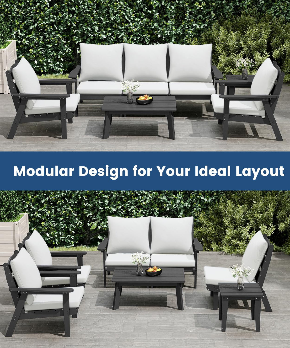 FOOWIN 7-Piece Patio Furniture Set, HDPE All-Weather Outdoor Conversation Set with Thick Cushions, Sectional Patio Sofa Furniture for Deck, Porch, Lawn, Garden, Grey Frame & White Cushion FOOWIN