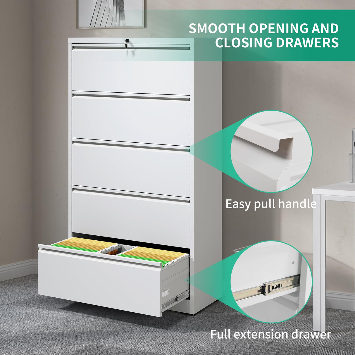 IKIMI 5 Drawer Lateral File Cabinets with Lock Office Filing Cabinet Steel Storage Cabinet Wide Horizontal Filing Metal Cabinets for Files Legal/Letter/A4 Size Assembly Required IKIMI