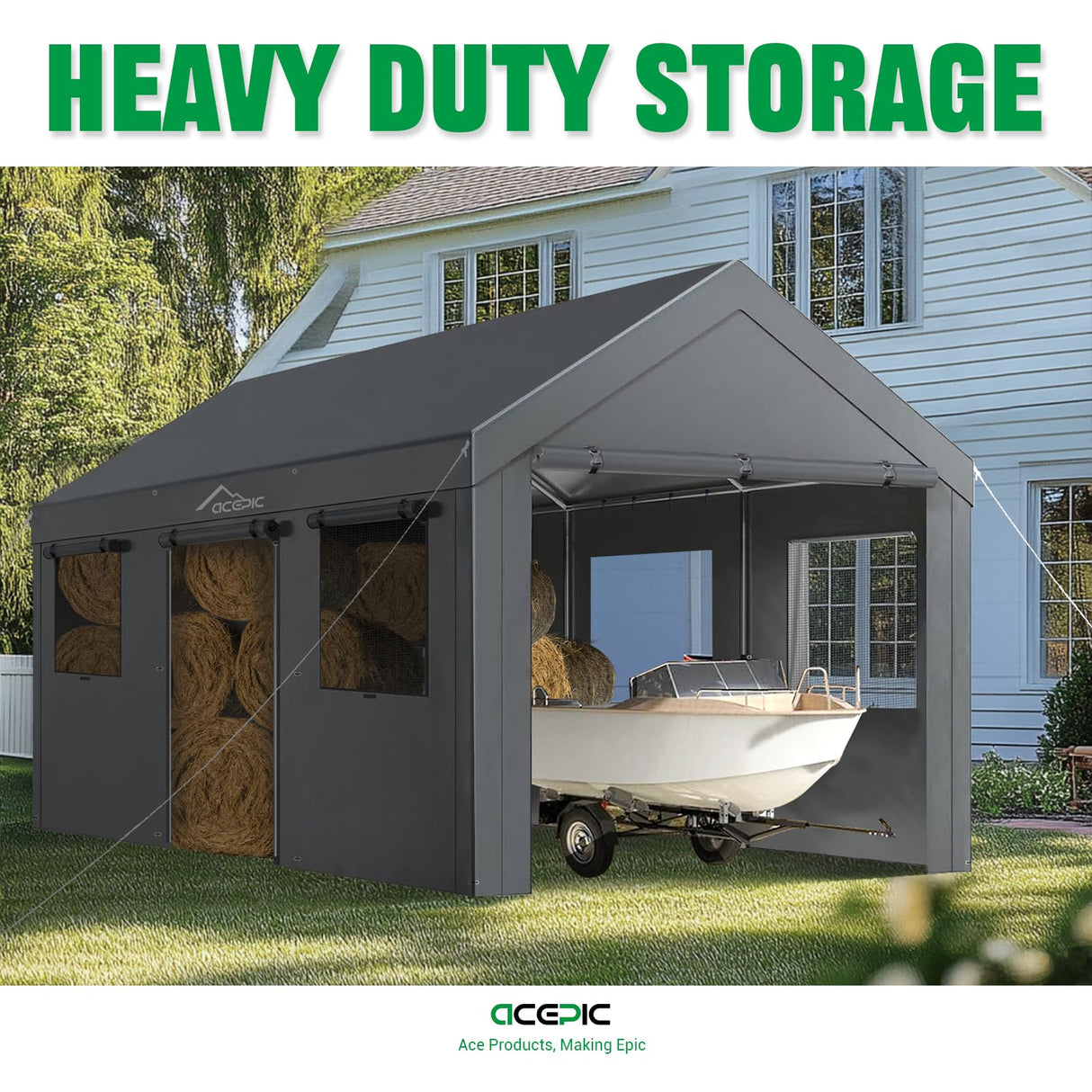 Carport for Vehicle Acepic Carport 10x20ft Heavy Duty Carport Features Roll-up Windows & Doors, Portable Garage with UV Resistant Waterproof All-Season Tarp for Car, Truck, Boat Acepic
