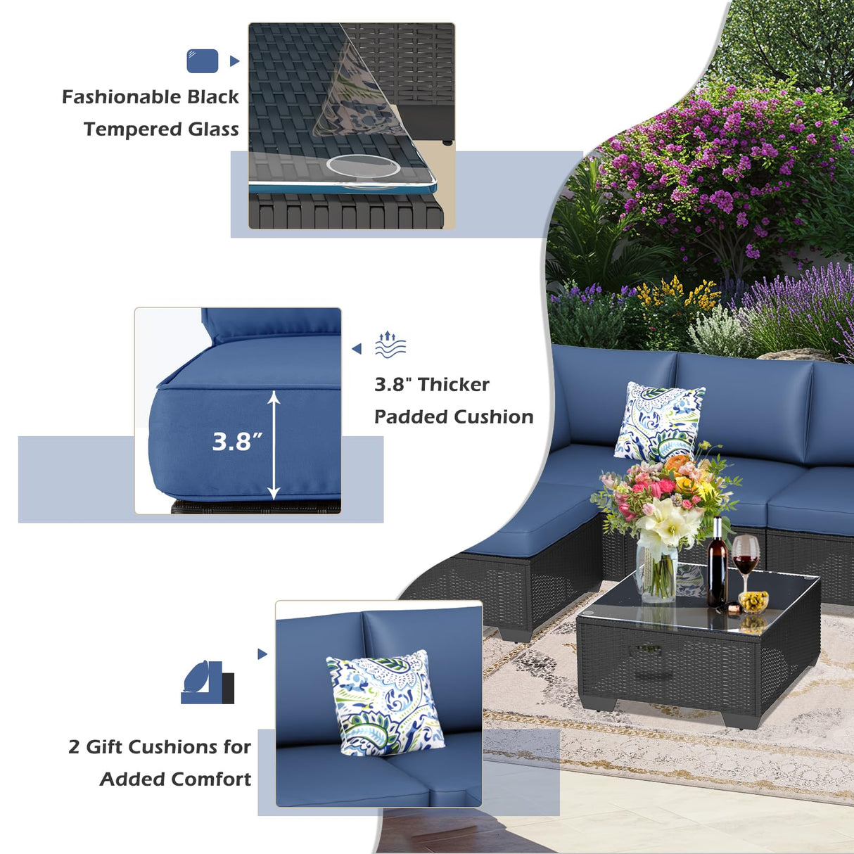 U-MAX 7 Piece Outdoor Patio Furniture Set, PE Rattan Wicker Sofa Set, Outdoor Sectional Furniture Chair Set with Navy Cushions and Tea Table, Black Rattan U-MAX