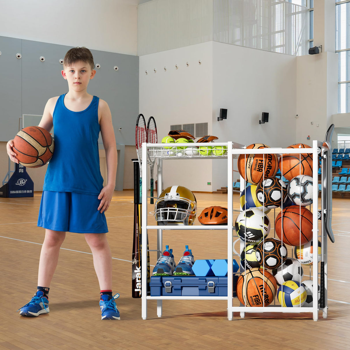 FAMIDGE Sports Equipment Organizer, Ball Storage Rack with Elastic Straps, Garage Sports Organizer Storage Cart with Hooks, Basketball Rack for for golf, Football, Soccer Ball, Bat, White FAMIDGE