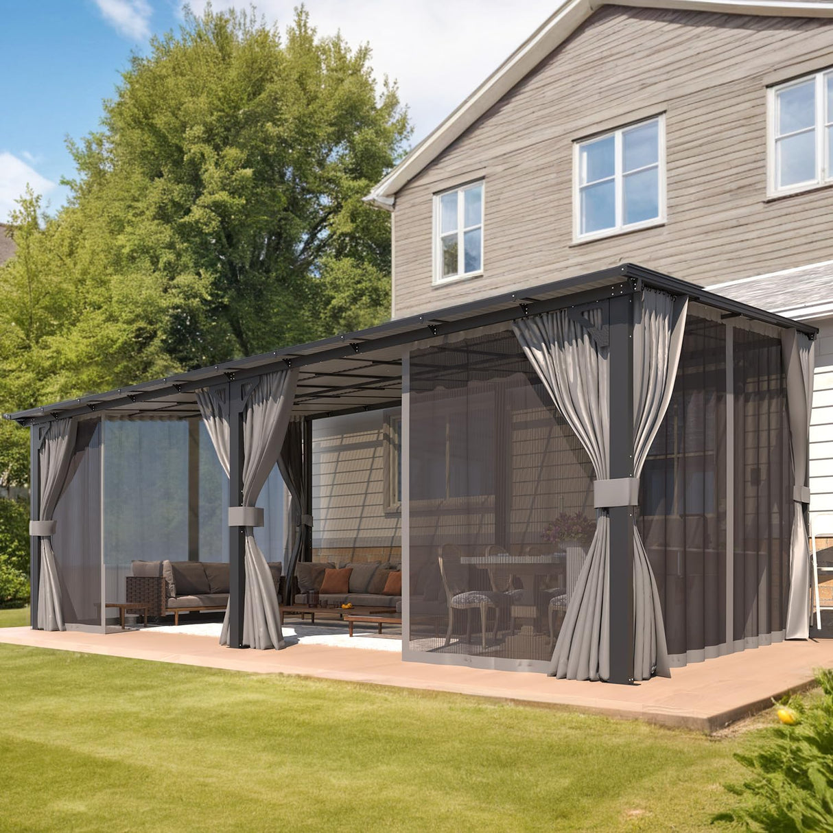 AECOJOY 20' X 12' Gazebo for Patio, Large Wall-Mounted Lean to Pergola Gazebo with Curtains and Netting, 12x20 Hard Top Pergolas and Gazebos on Clearance for Lawn Backyard Garden Deck AECOJOY