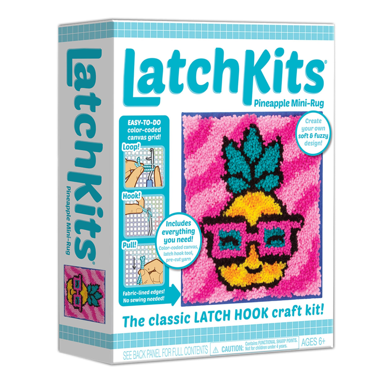 LatchKits PlayMonster for Wall Hangings & Mini-Rugs - Pineapple - Craft Kit with Easy, Color-Coded Canvas, Pre-Cut Yarn & Latch Hook Tool - Perfect DIY Craft for Kids - Ages 6 and Up, Small, Multi LatchKits
