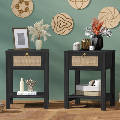 SICOTAS Black Nightstand Set of 2 - Rattan Decor Drawer with Brass Knobs Night Stand Wood Bedside Table Boho End Tables Side Tables with Storage Shelf