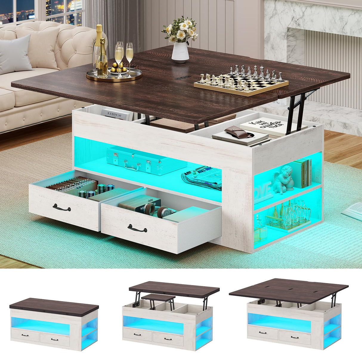 Itaar Lift Top Coffee Table, 4 in 1 Coffee Tables with Storage and Hidden Compartment, Farmhouse Coffee Table with 2 Fabric Drawers & LED Light for Living Room, White Itaar