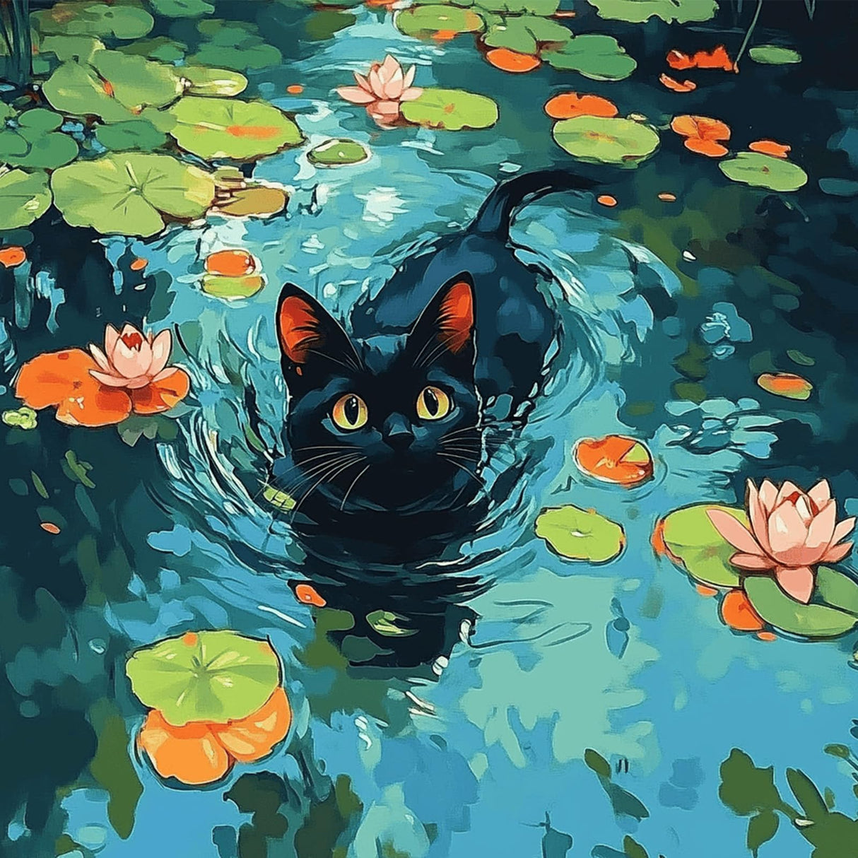 NEWENMO Black Cat Paint by Numbers Kit for Adults, Flowers Water Lilies Paint by Numbers on Canvas Unframed, DIY Oil Painting Perfect for Beginner, Craft, Hobbies and Home Wall Decor 16x16 in NEWENMO