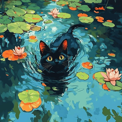 NEWENMO Black Cat Paint by Numbers Kit for Adults, Flowers Water Lilies Paint by Numbers on Canvas Unframed, DIY Oil Painting Perfect for Beginner, Craft, Hobbies and Home Wall Decor 16x16 in