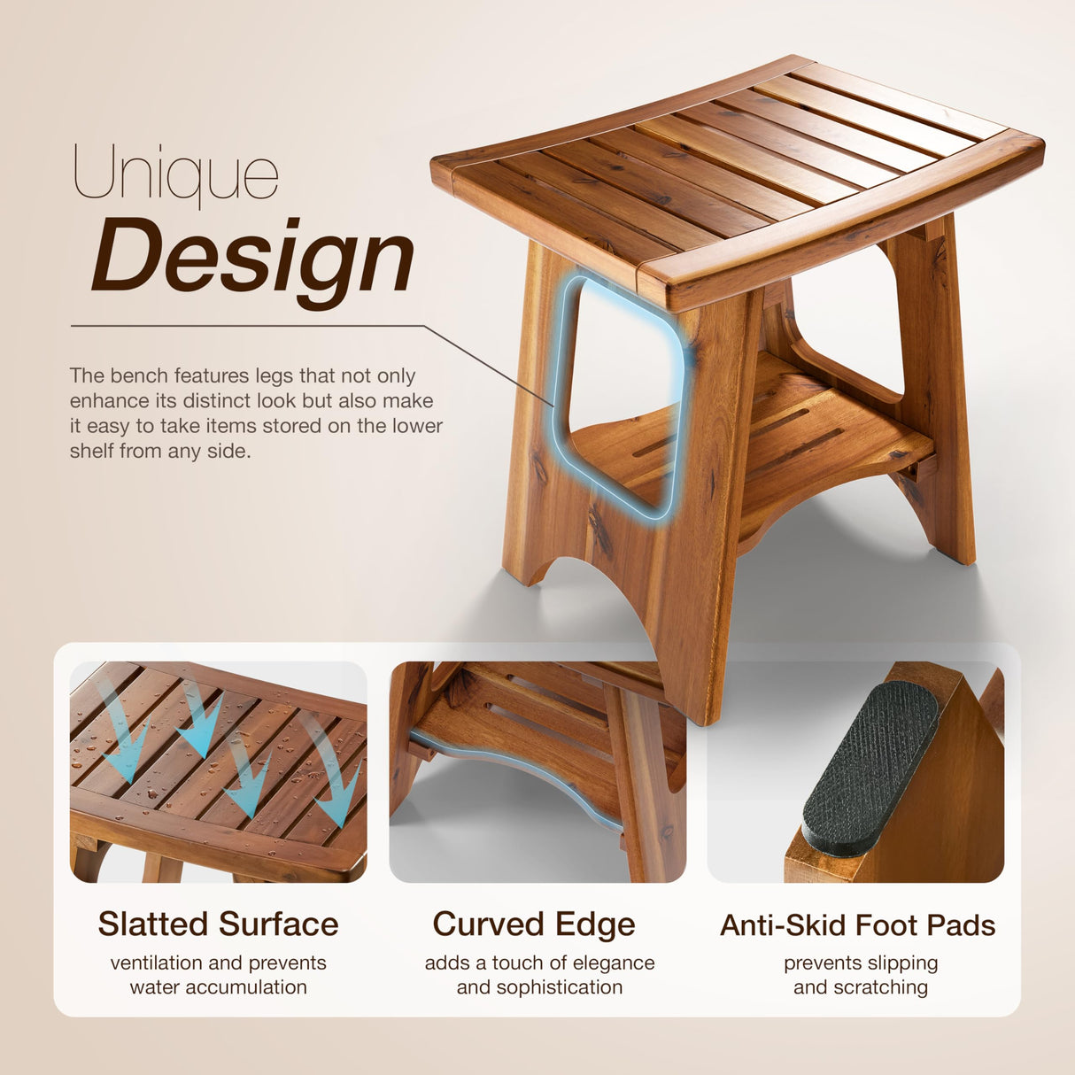 HOLANA 18" Acacia Wood Shower Benches for Inside Shower - Wooden Shower Stool Waterproof for Shaving Legs - Bench Seat with Storage Towel Shelf for Bathroom - Tub Bench Chair Spa Bath (Acacia) HOLANA