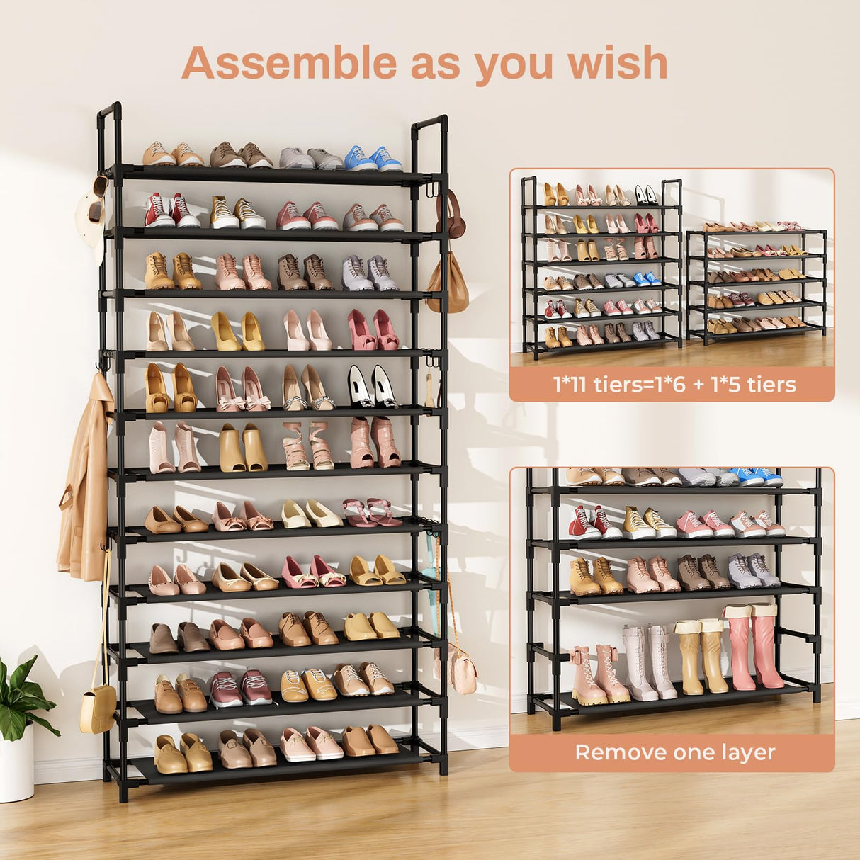 LANTEFUL 11 Tiers Tall Shoe Rack Holds 55 Pairs of Shoes with 18pcs Hooks Sturdy Wide Shoe Organizer Storage Free Standing Metal Shoe Shelf for Closet, Entryway Black LANTEFUL