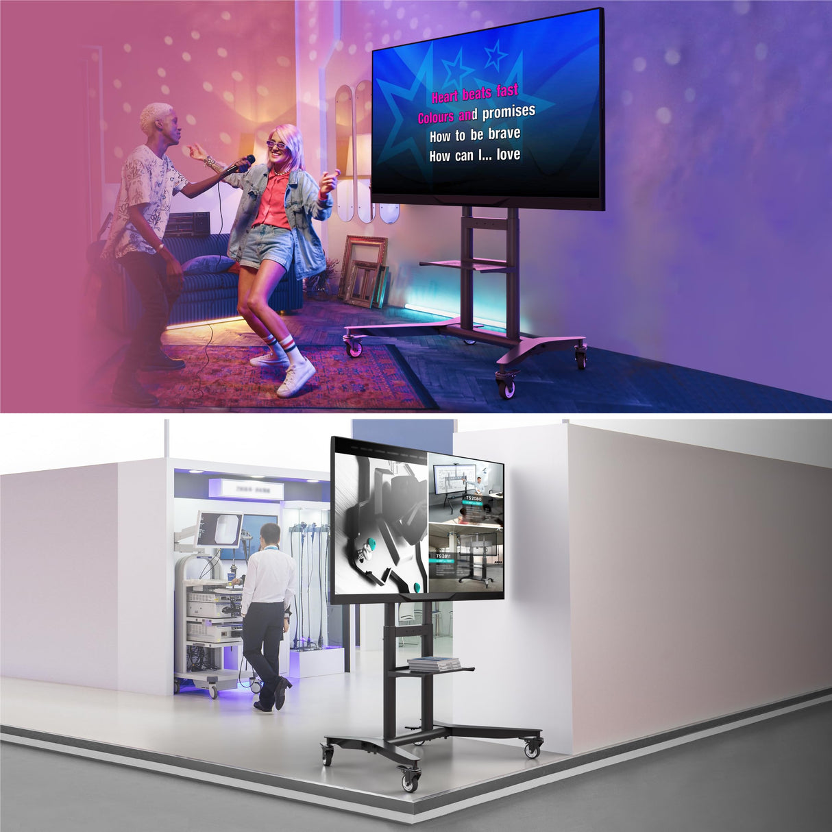 ONKRON Mobile TV Stand on Wheels for 55-90 Inch TV up to 198 lbs, Height Adjustable TV Stand Portable 200x200-800x600 VESA Mobile TV Cart Rolling TV Stand with Shelf/TV Movable Stand Black ONKRON