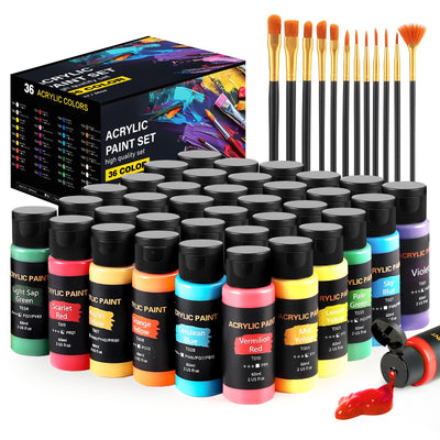 Acrylic Paint Set with 12 Art Brushes, 36 Colors (2 oz/Bottle) Acrylic Paint for Painting Canvas, Wood, Ceramic and Fabric, Paint Set for Beginners, Students and Professional Artist, Rich Pigments