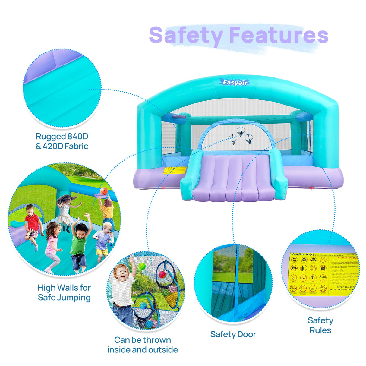 Easyair Large Bounce House for Big Kids, 14.8 x 14.5 FT Inflatable Bouncer Jumper Slide with 650W Blower, Basketball Hoop, Throw Ball Game, Ball Pits (Green, 177" L x 174" W x 94" H) Easyair